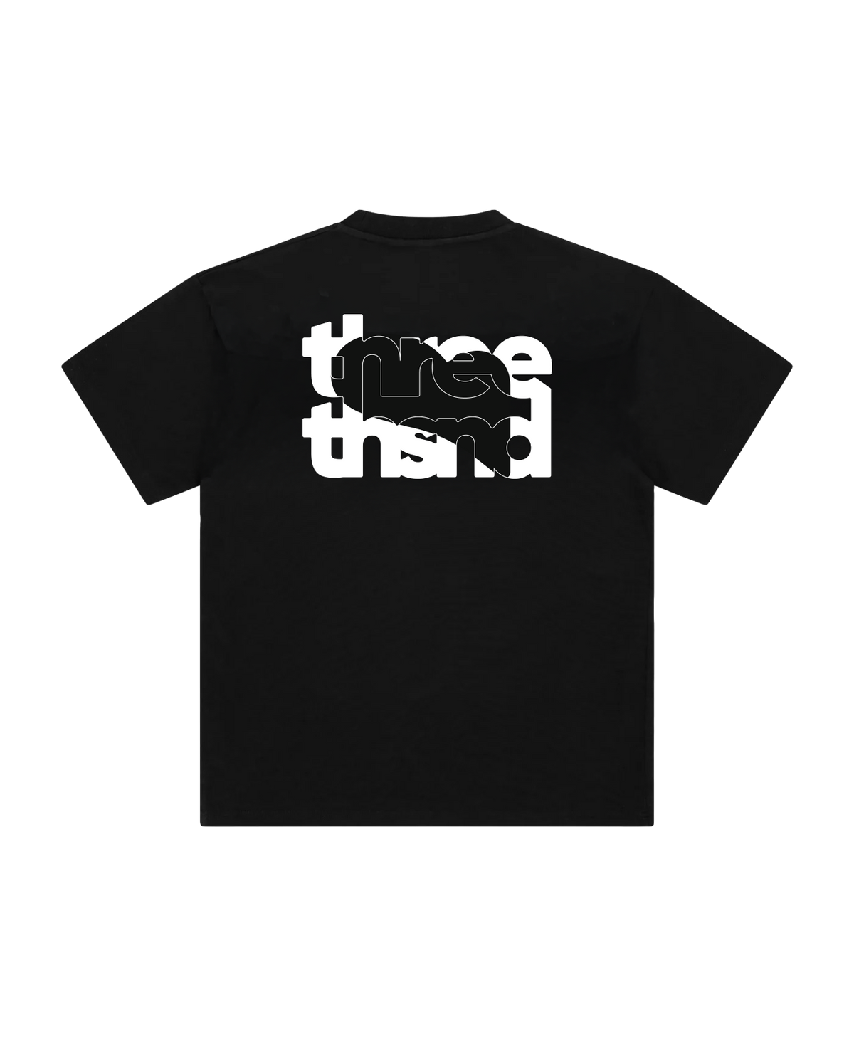 Black t-shirt with white text on the back against a white background