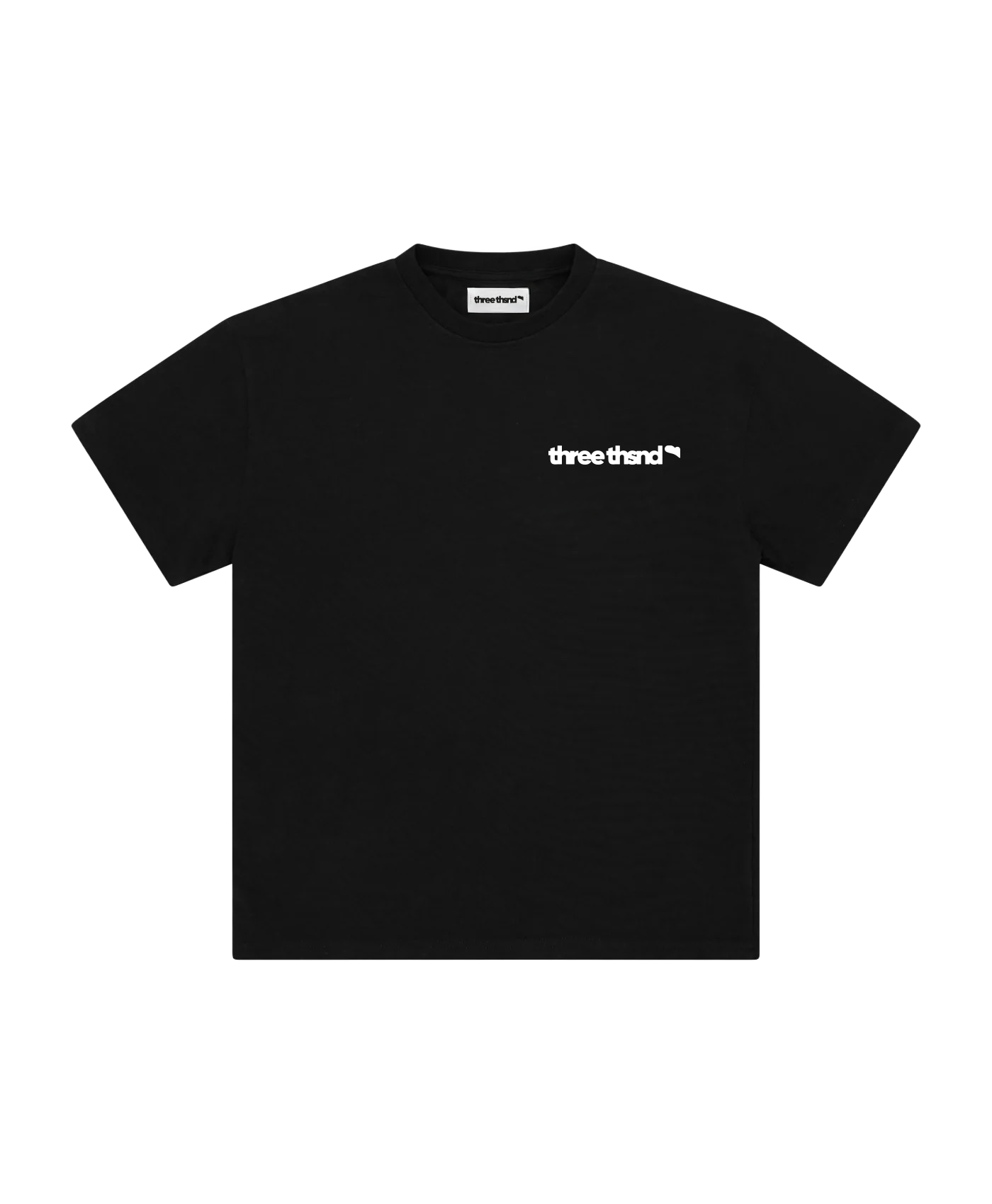 Black t-shirt with a white Three thsnd logo on a white background